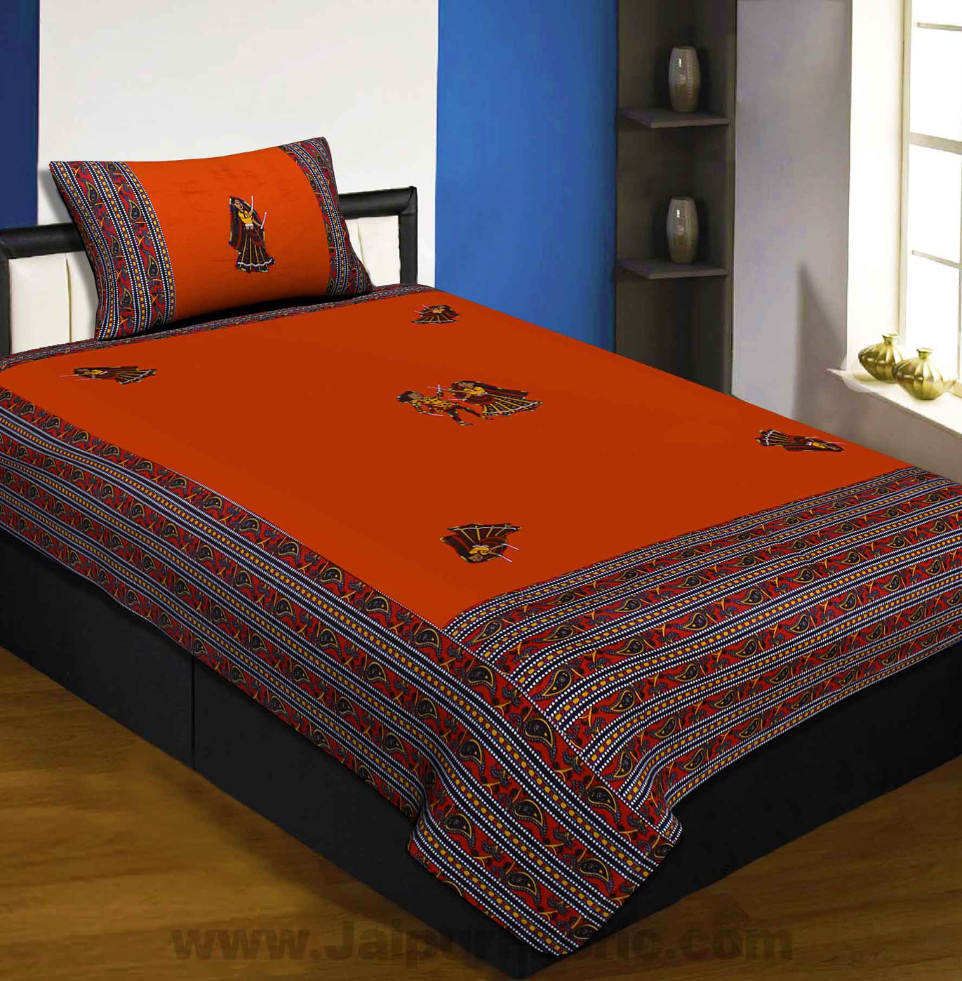 Applique Orange Dandiya Jaipuri  Hand Made Embroidery Patch Work Single Bedsheet