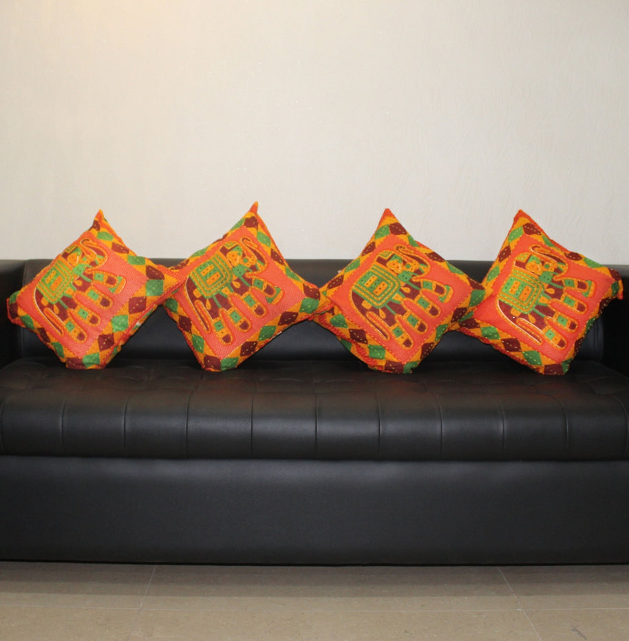 Orange Jaisalmer handmade Embroidery with Thread work Elephant Print Cushion cover