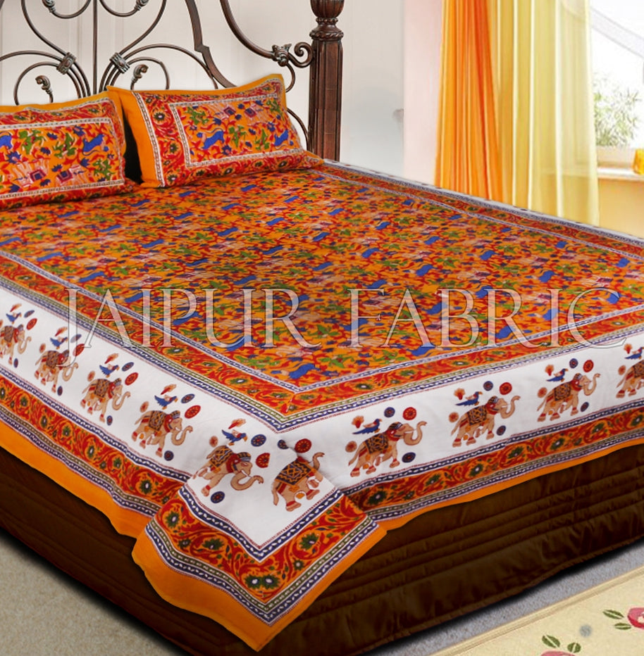 Orange Base Jaipur Handmade animal block  print bedsheet With pillow Covers