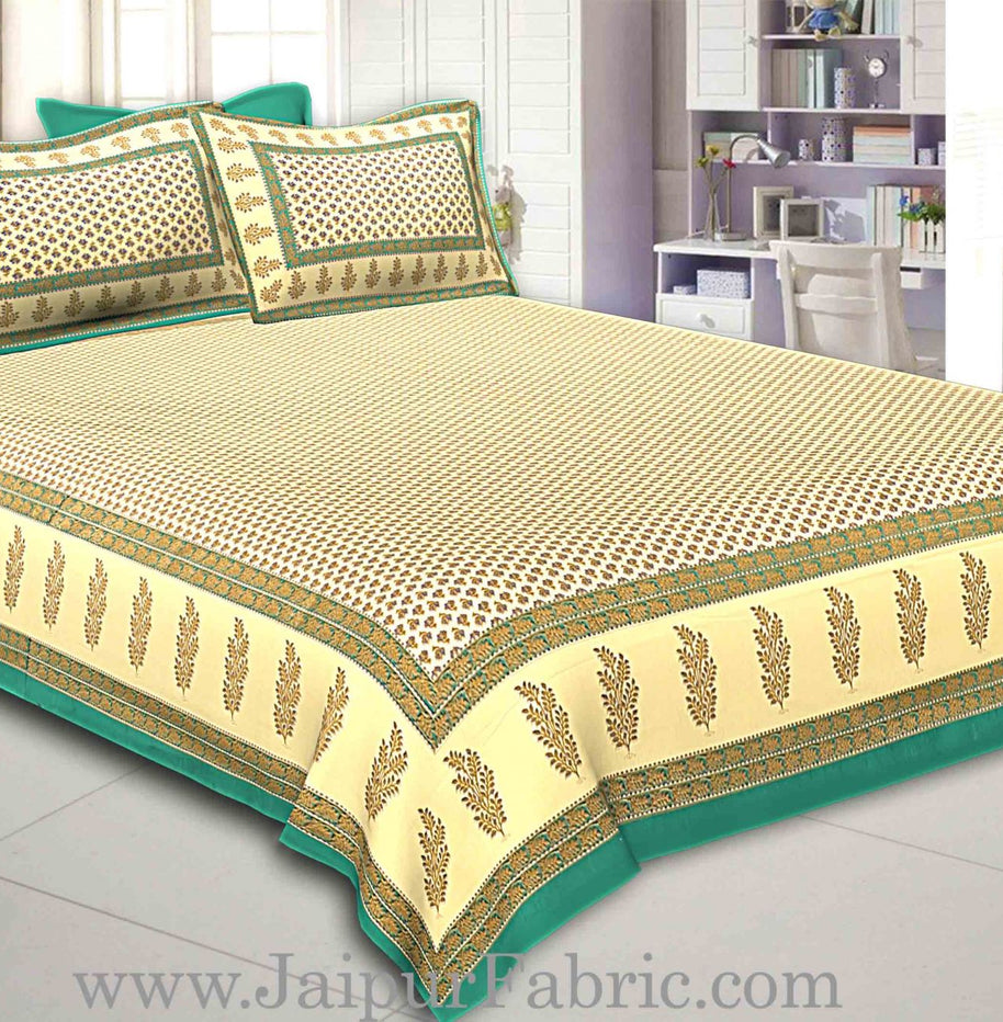 Green Border Cream Base With booti Pattern With Golden Print Super Fine Cotton Double Bed Sheet