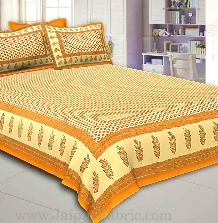 Orange Border Cream Base With booti Pattern With Golden Print Super Fine Cotton Double Bed Sheet