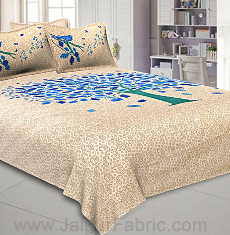 Beige Double Bedsheet With Blue Green Spring Tree