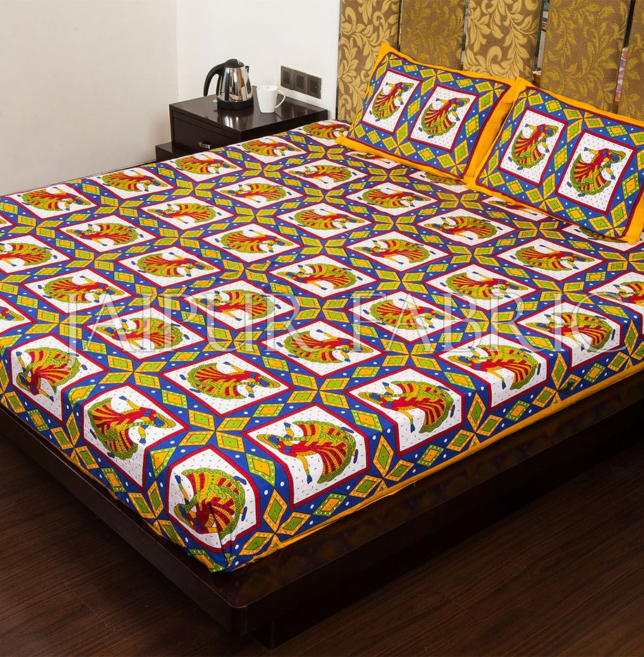 Yellow Jaipuri Ghoomar Dance Print Cotton Double Bed Sheet