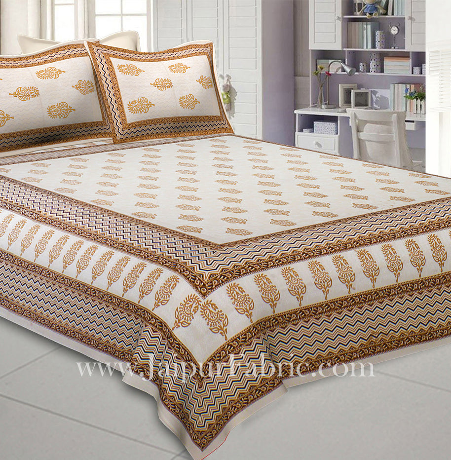 Peaceful Cream Double Bedsheet with Gold Work