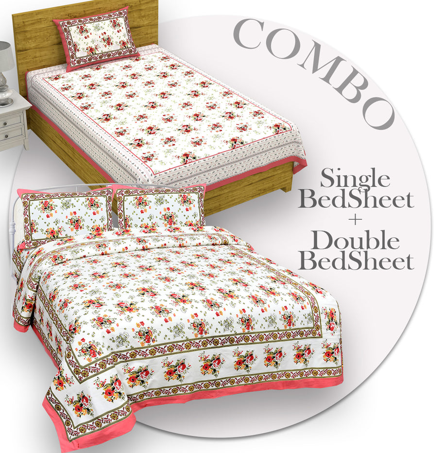 COMBO369 Beautiful Pink Colour Combo Set of 1 Single and 1 Double Bedsheet With 3 Pillow Cover