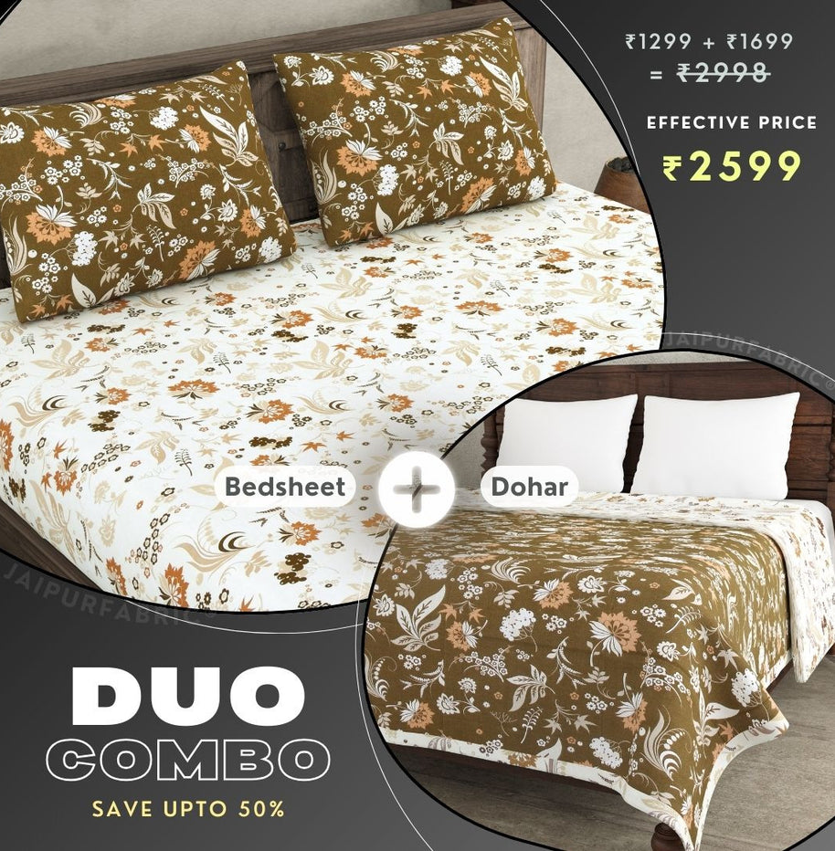 Flowery Spring Sandy Brown and Off White Dohar and Bedsheet Combo