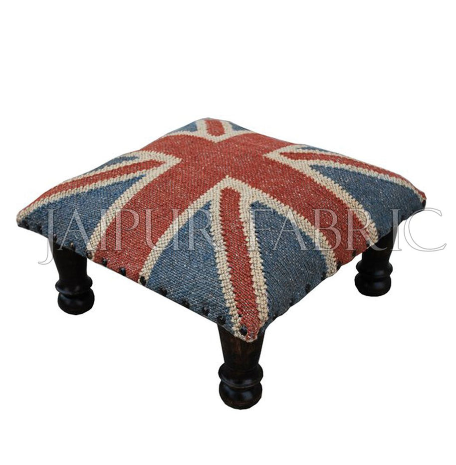 Wooden Square Foot Stool Upholstered with Wool and Jute Kilim Woven