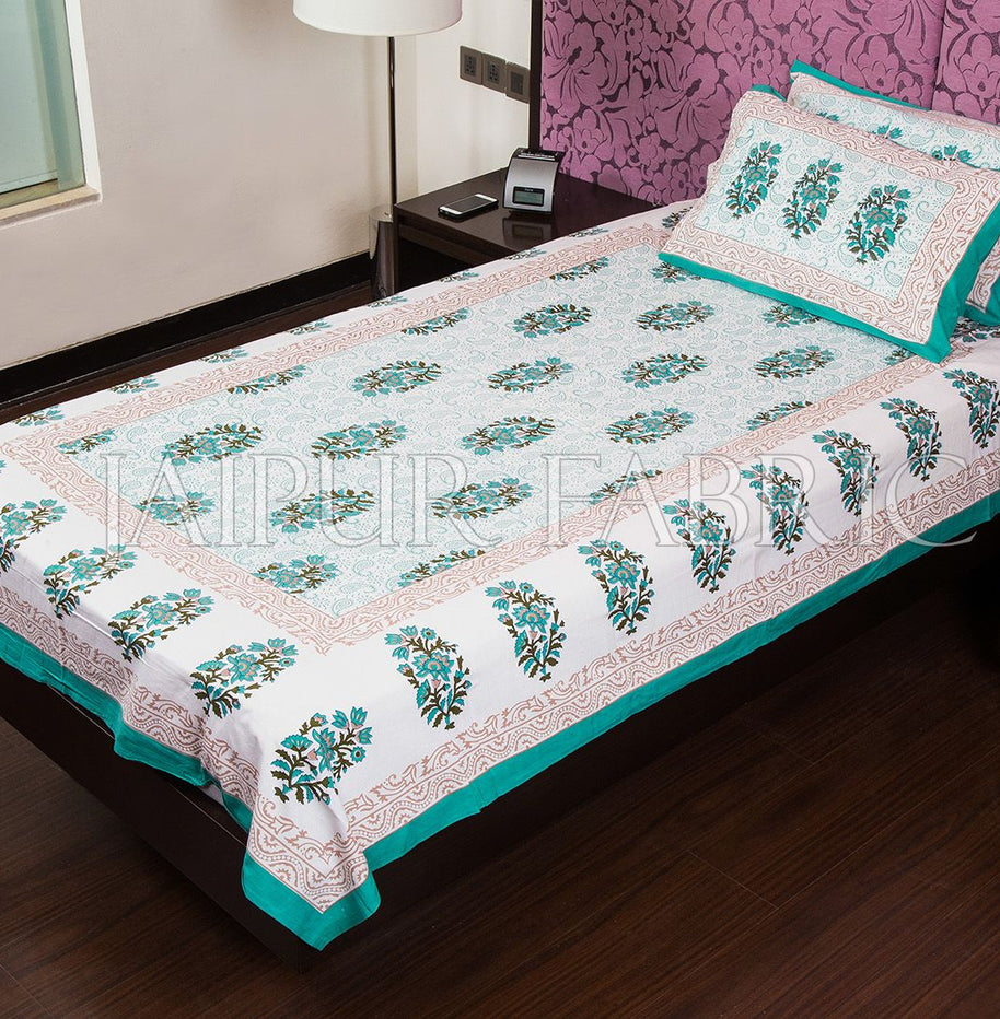 White Base Bluish Green Floral Print Cotton Single Bed Sheet