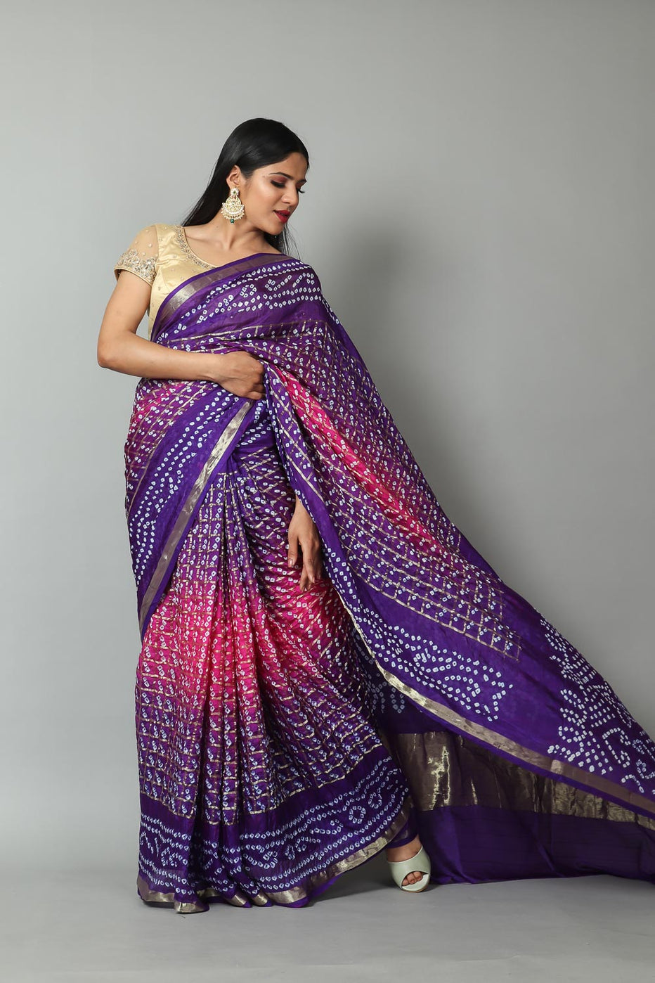 Womens Bandhani and Banarasi Saree and Blouse Fabric-Purple-Pink