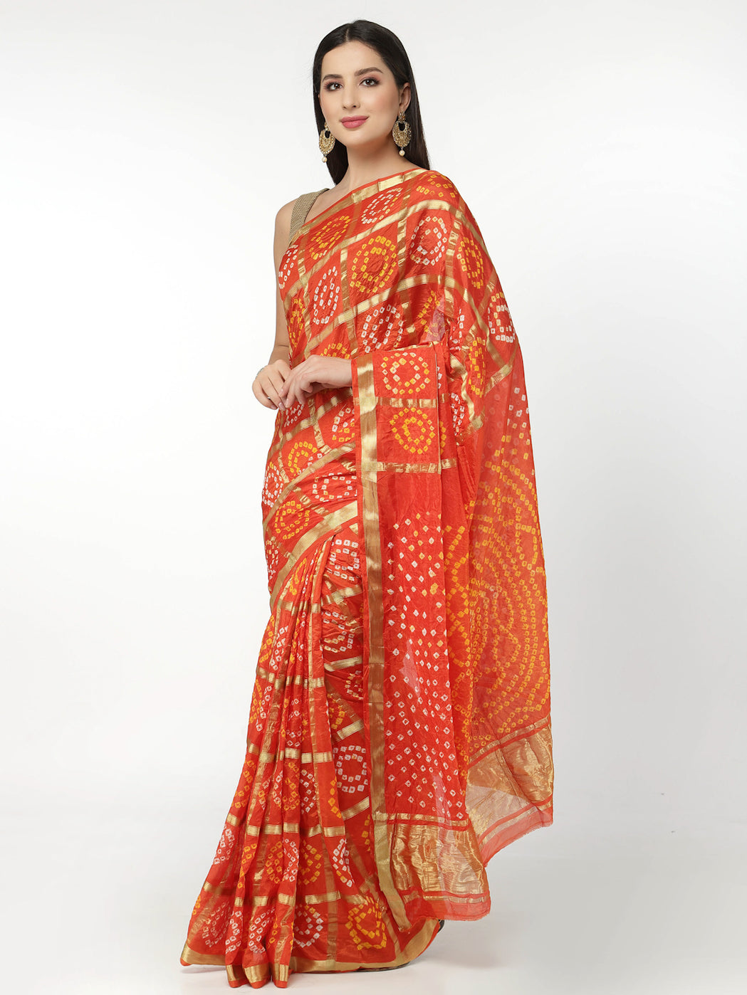 Women Silk Bandhani and Zari Weaving Saree with Unstitched Blouse - Orange