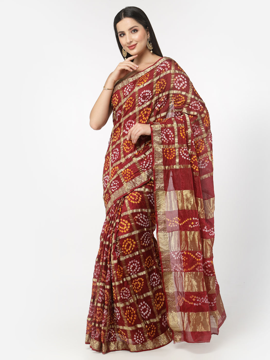 Women Silk Bandhani and Zari Weaving Saree with Unstitched Blouse - Maroon