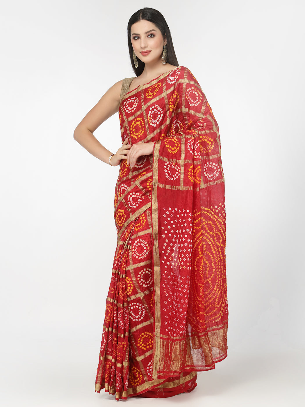 Red Women Silk Bandhani and Zari Weaving Saree with Unstitched Blouse