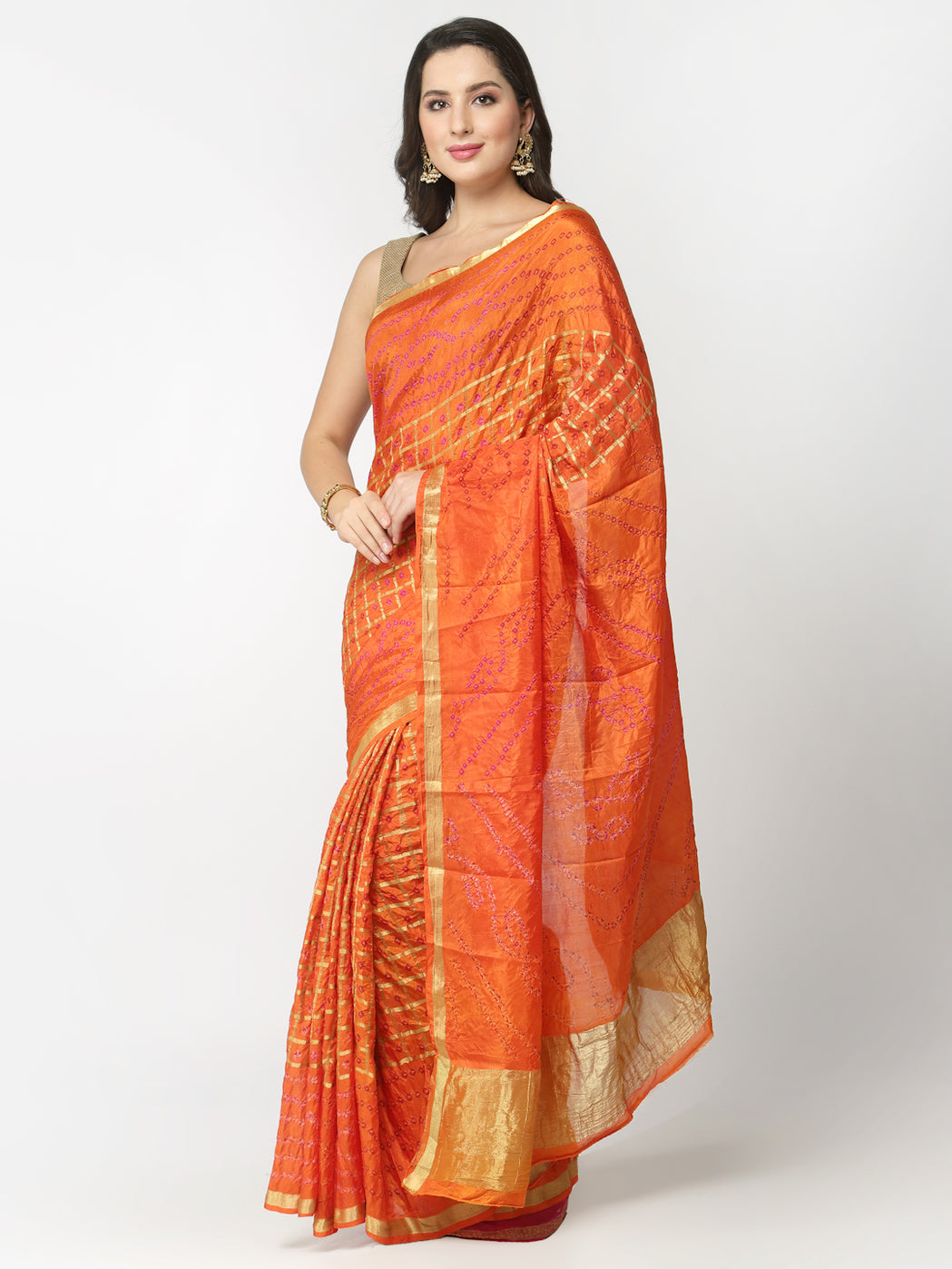 Orange Women Silk Bandhani and Zari Weaving Saree with Unstitched Blouse