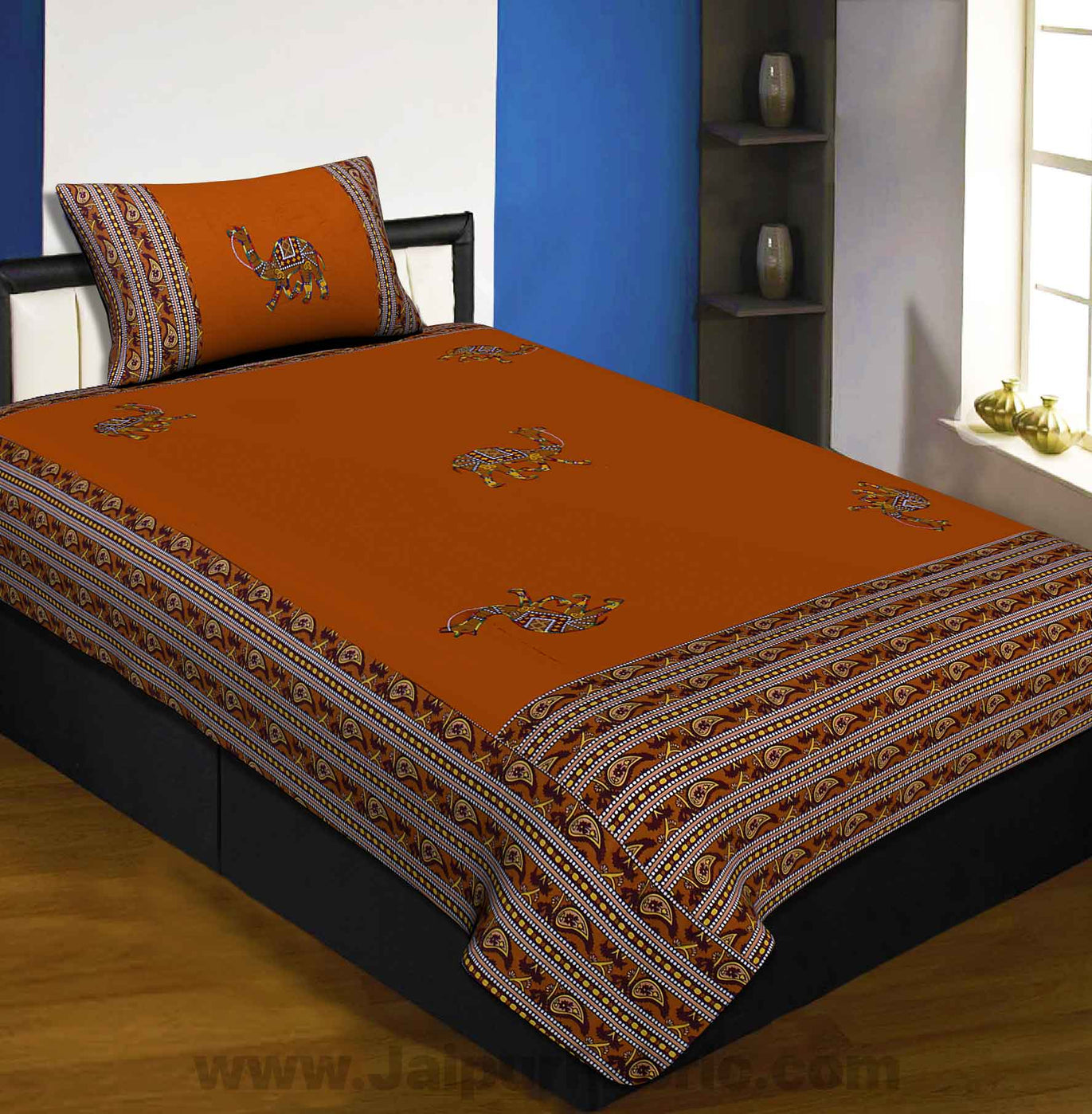 Applique Mustard Camel Jaipuri  Hand Made Embroidery Patch Work Single Bedsheet