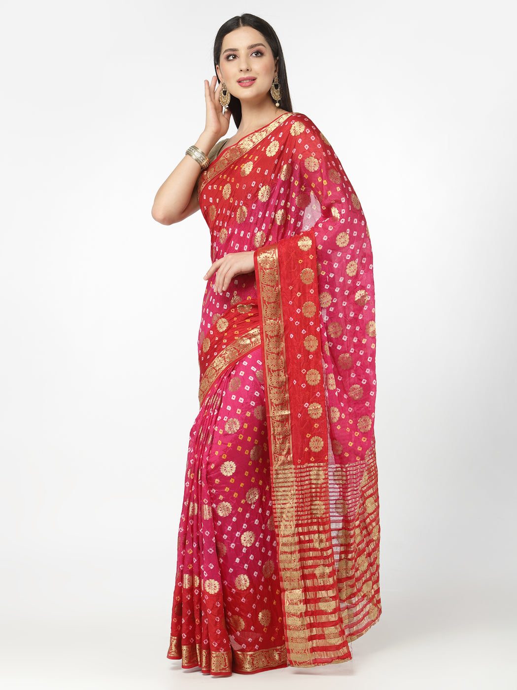 Pink And Red Women Silk Bandhani and Zari Weaving Saree with Unstitched Blouse