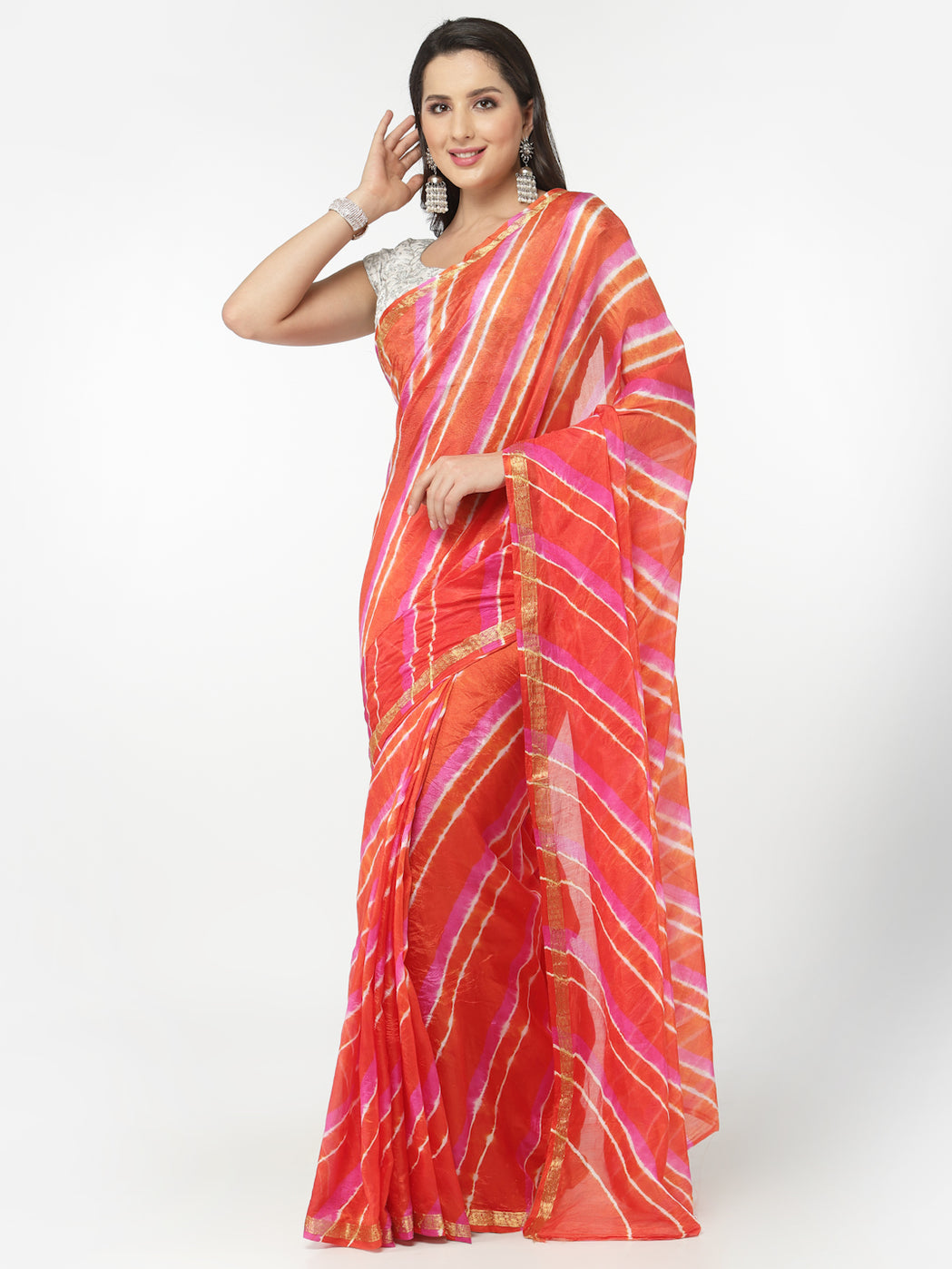 Women Silk Bandhani and Zari Weaving Saree with Unstitched Blouse - Orange