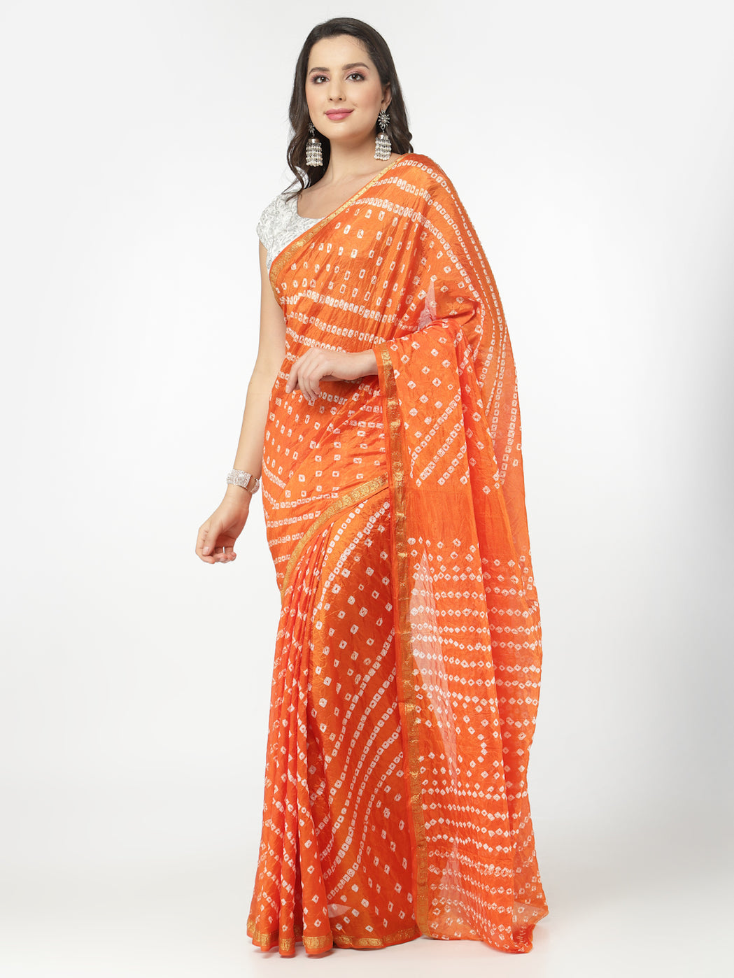 Silk Bandhani and Zari Weaving Saree with Unstitched Blouse - Orange