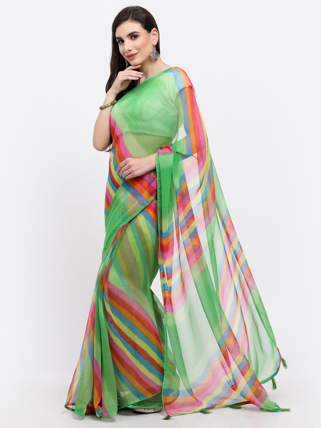 Women Lehariya Chiffon Saree And Blouse Multicolor with Unstitched