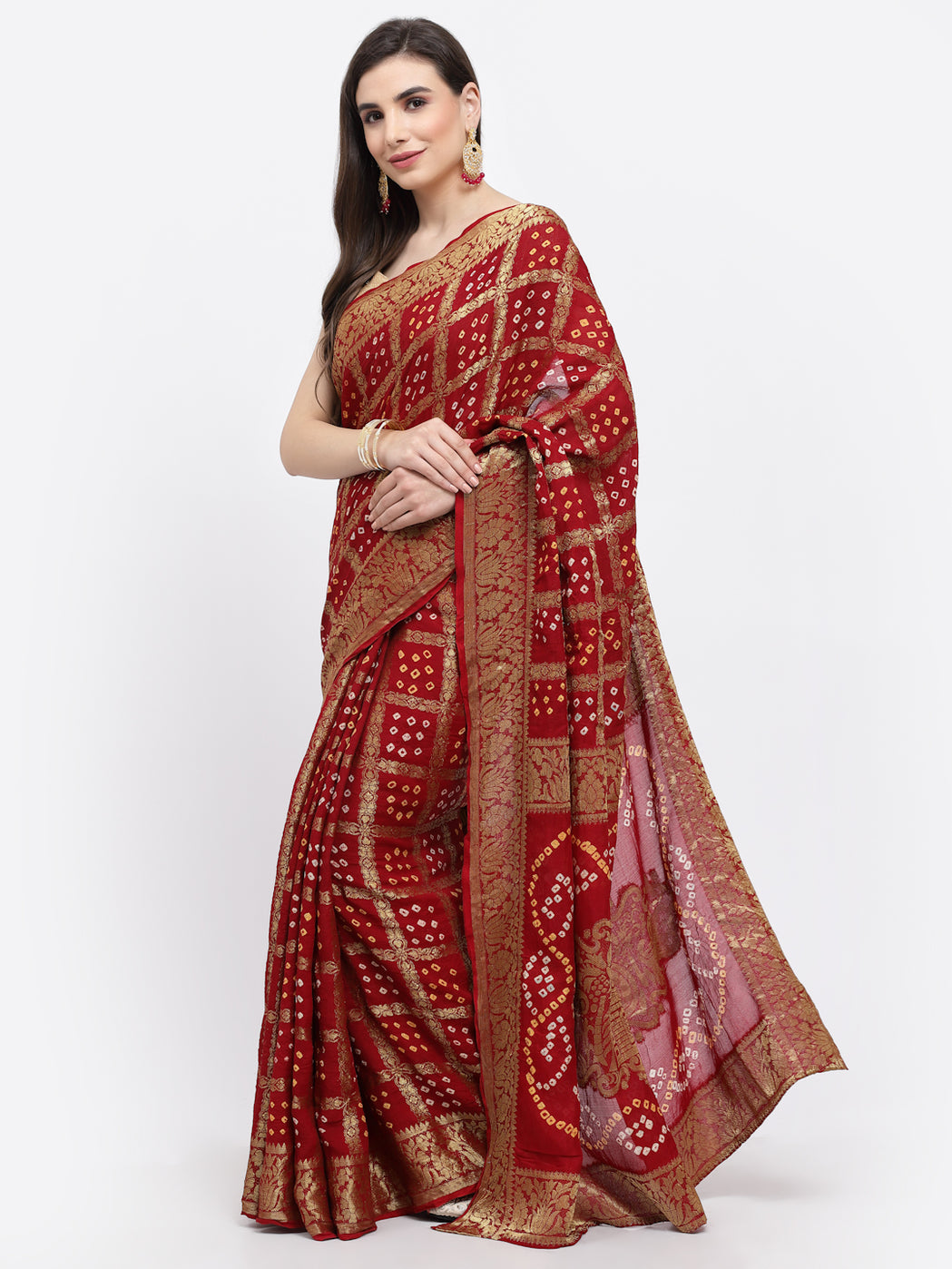 Women Bandhani With Zari Weaving Silk Saree And Blouse Maroon