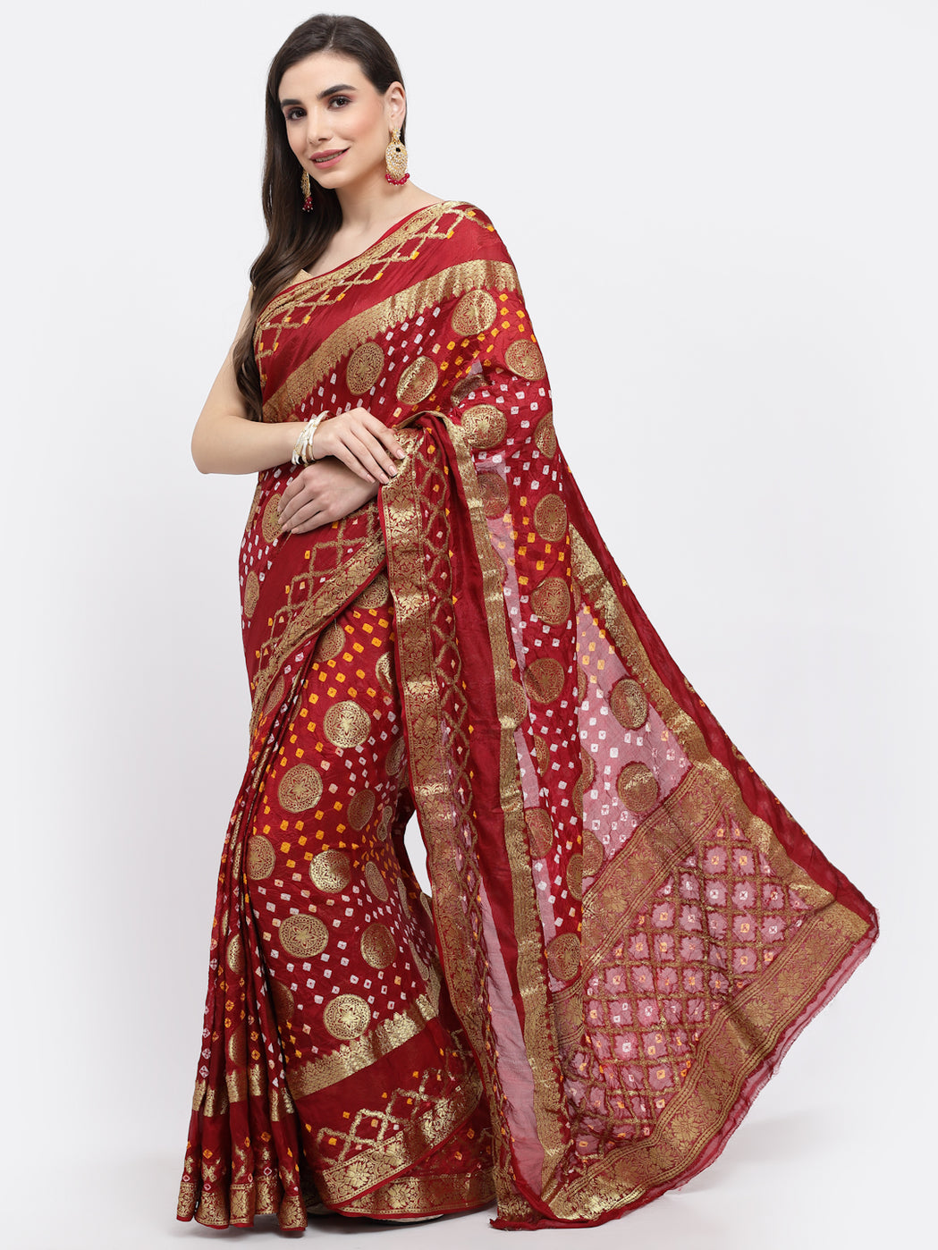 Women Bandhani With Zari Weaving Silk Saree And Blouse Maroon with Unstitched-Red