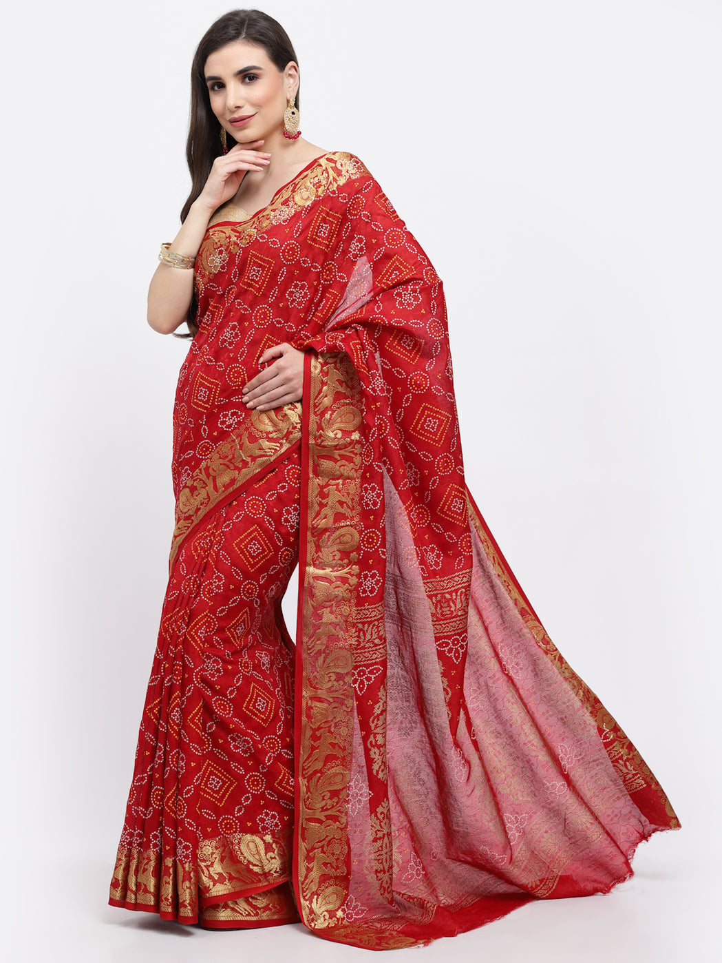 Women Bandhani With Zari Weaving Silk Saree And Blouse Maroon with Unstitched