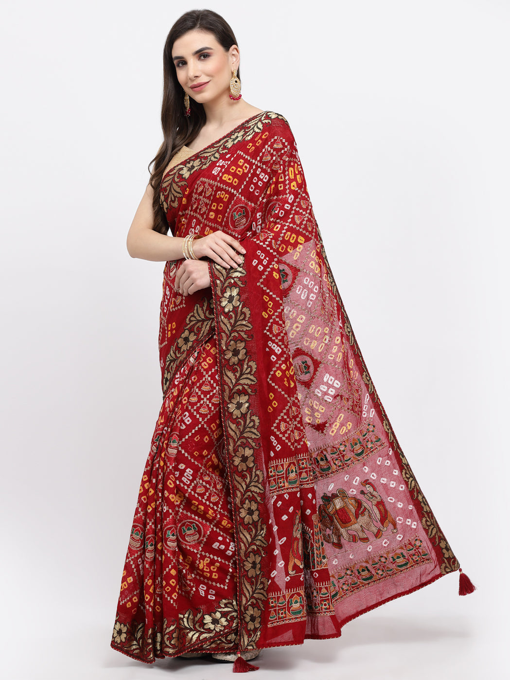 Women Bandhani With Embroidery And Zari Weaving Silk Saree And Blouse Maroon