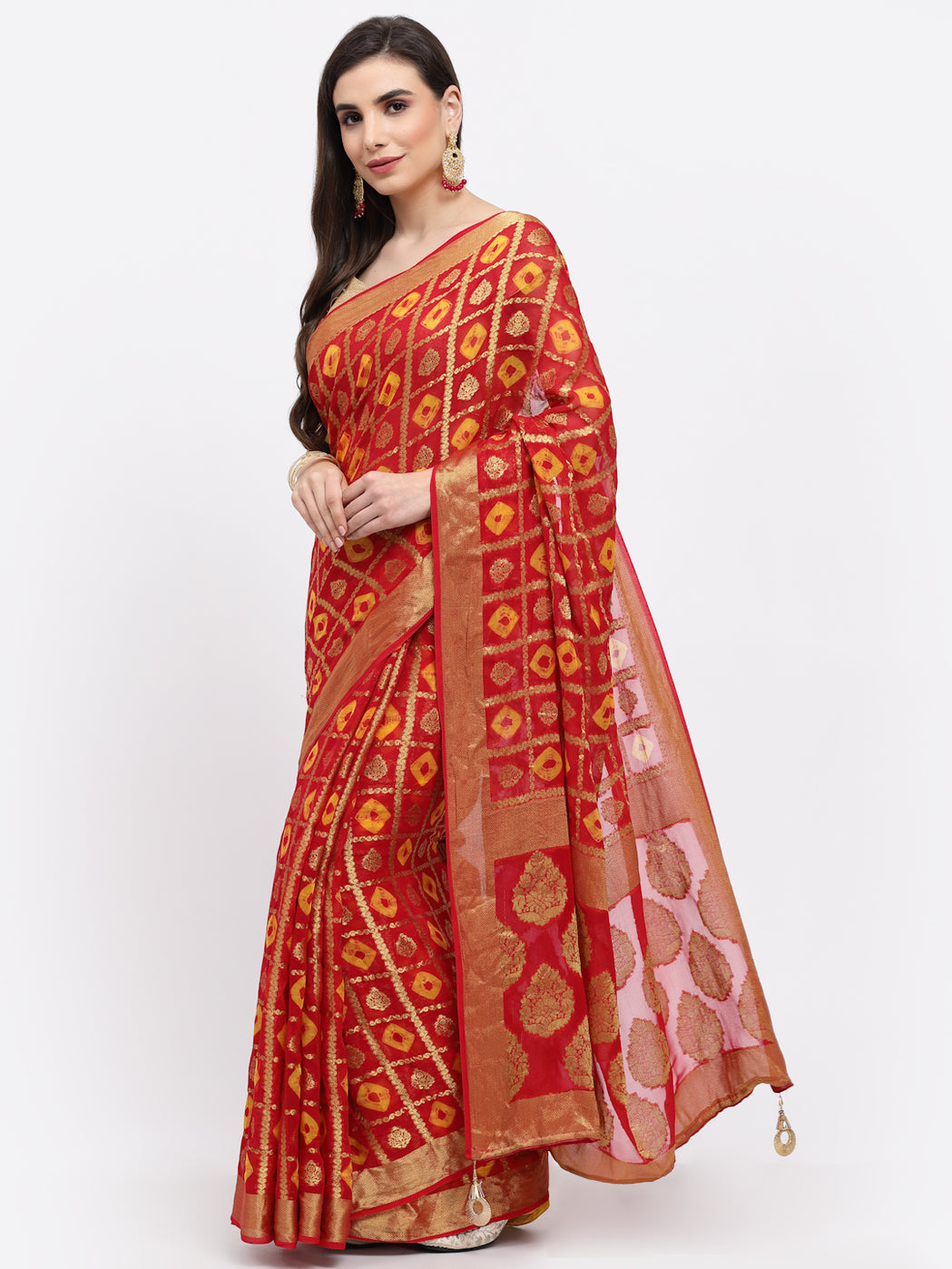 Women Bandhani With Zari Weaving Silk Saree And Blouse Red with Unstitched