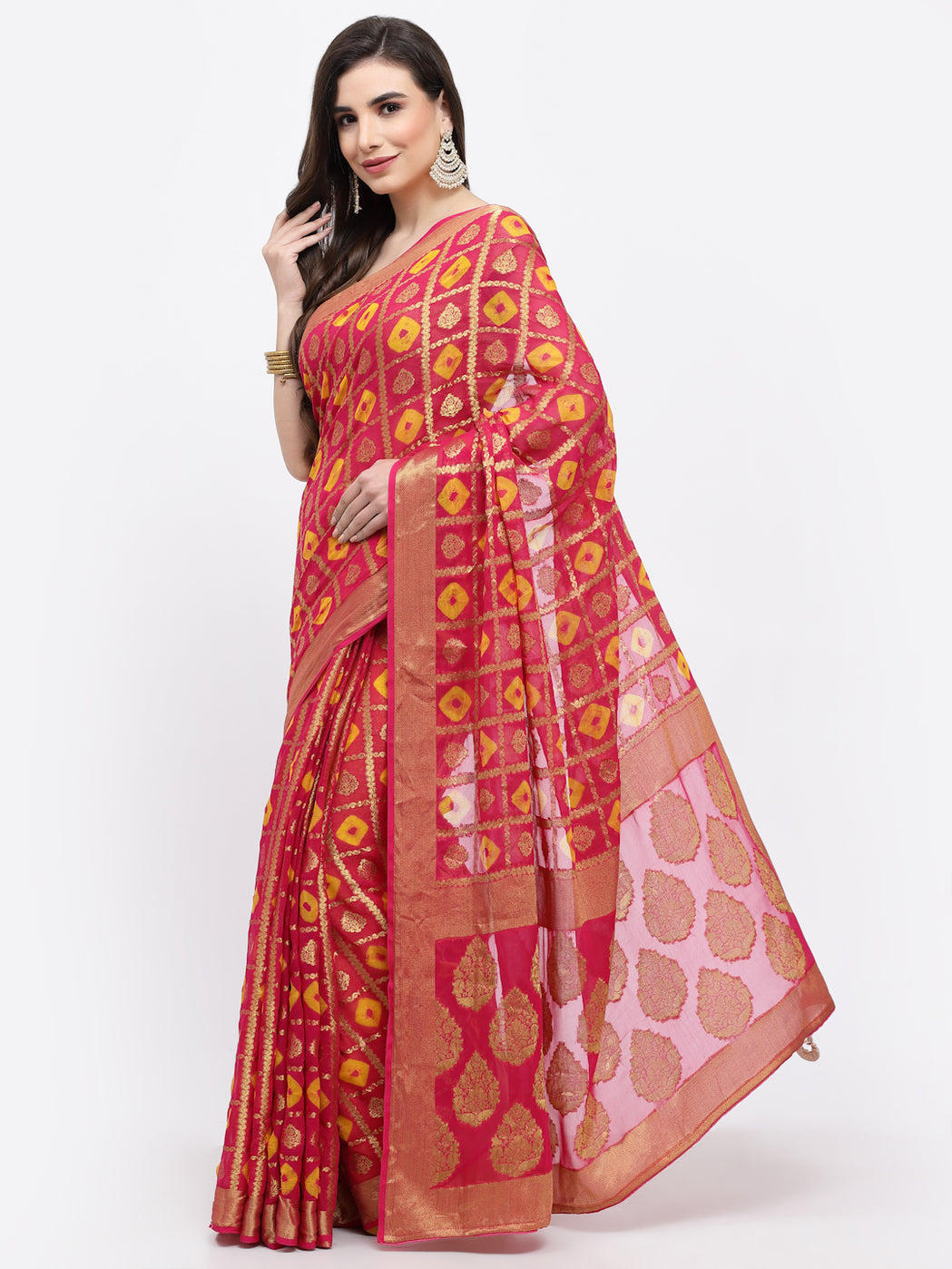 Women Bandhani With Zari Weaving Silk Saree And Blouse Pink with Unstitched