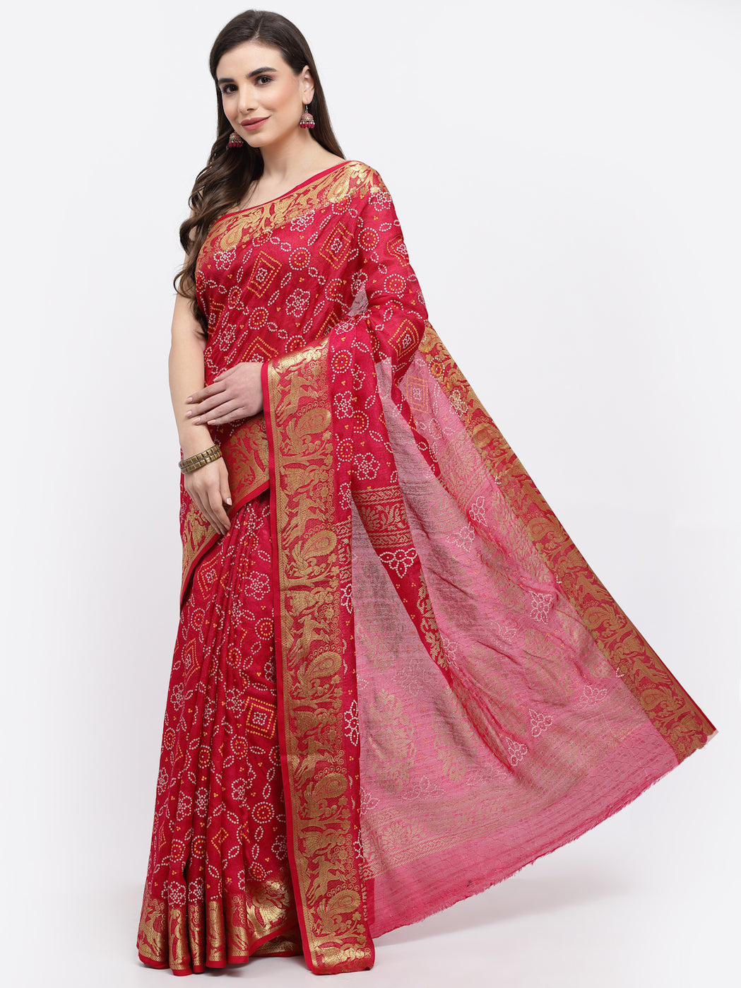 Women Bandhani Print With Zari Weaving Silk Saree And Blouse Pink with Unstitched