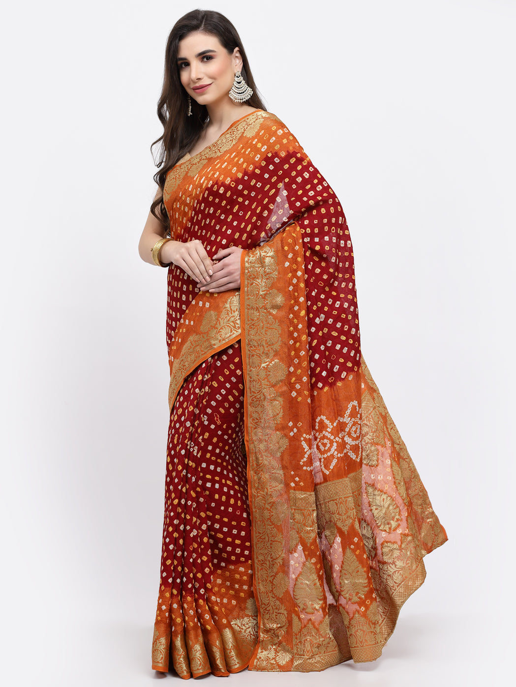 Women Bandhani With Zari Weaving Silk Saree with Unstitched And Blouse Multicolor