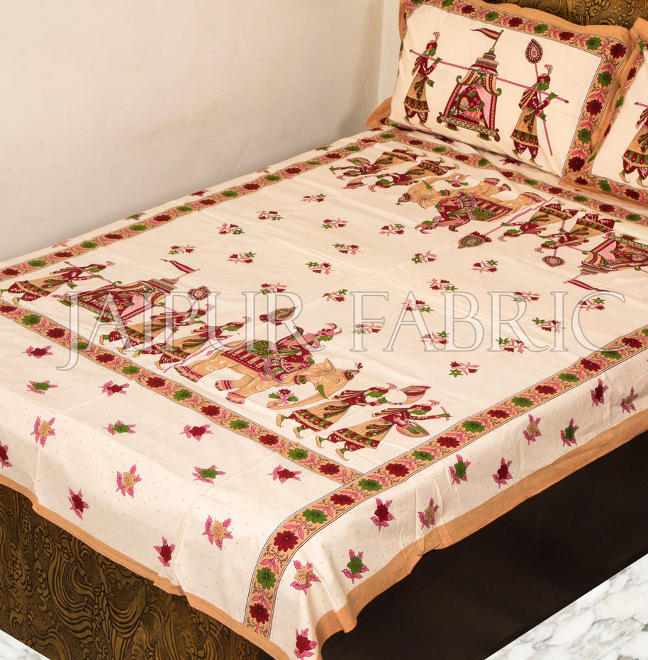 Brown Rajasthani Doli Hand Block Print Single Bed Sheet with Two Pillow Covers