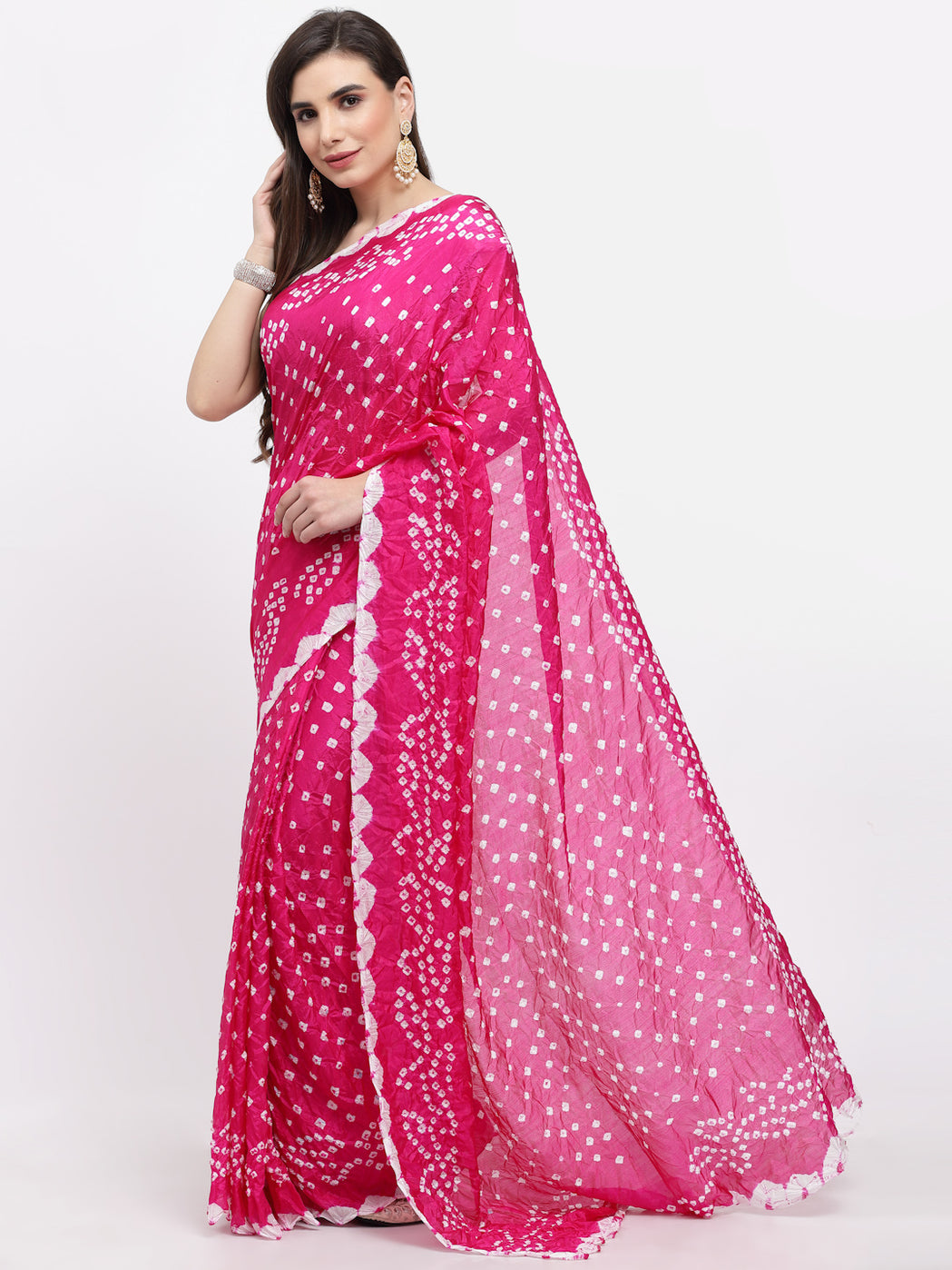 Women Bandhani Print Silk Saree And Blouse Pink with Unstitched