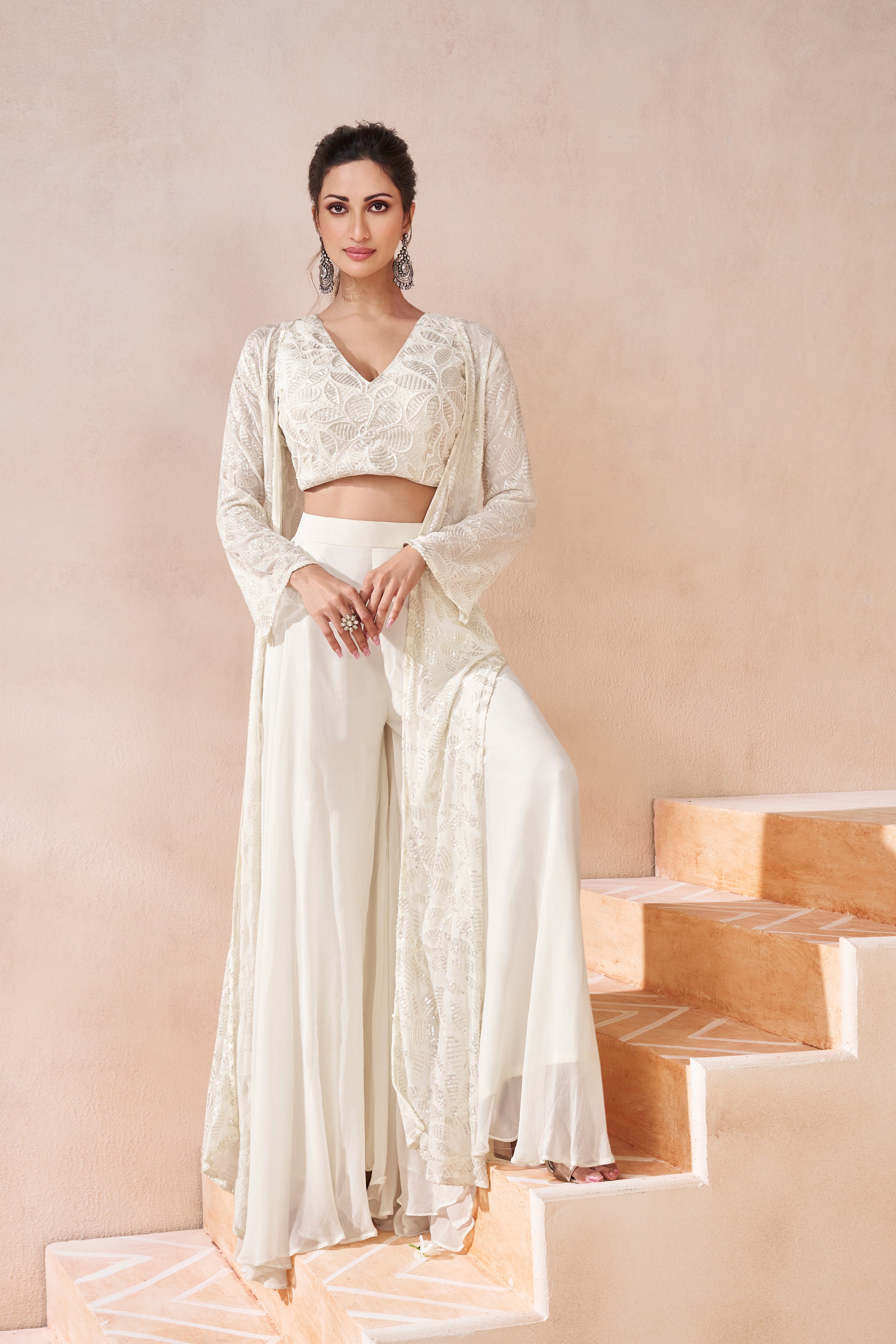 White Real Georgette Embroidered Sharara Set With Satin Georgette Shrug