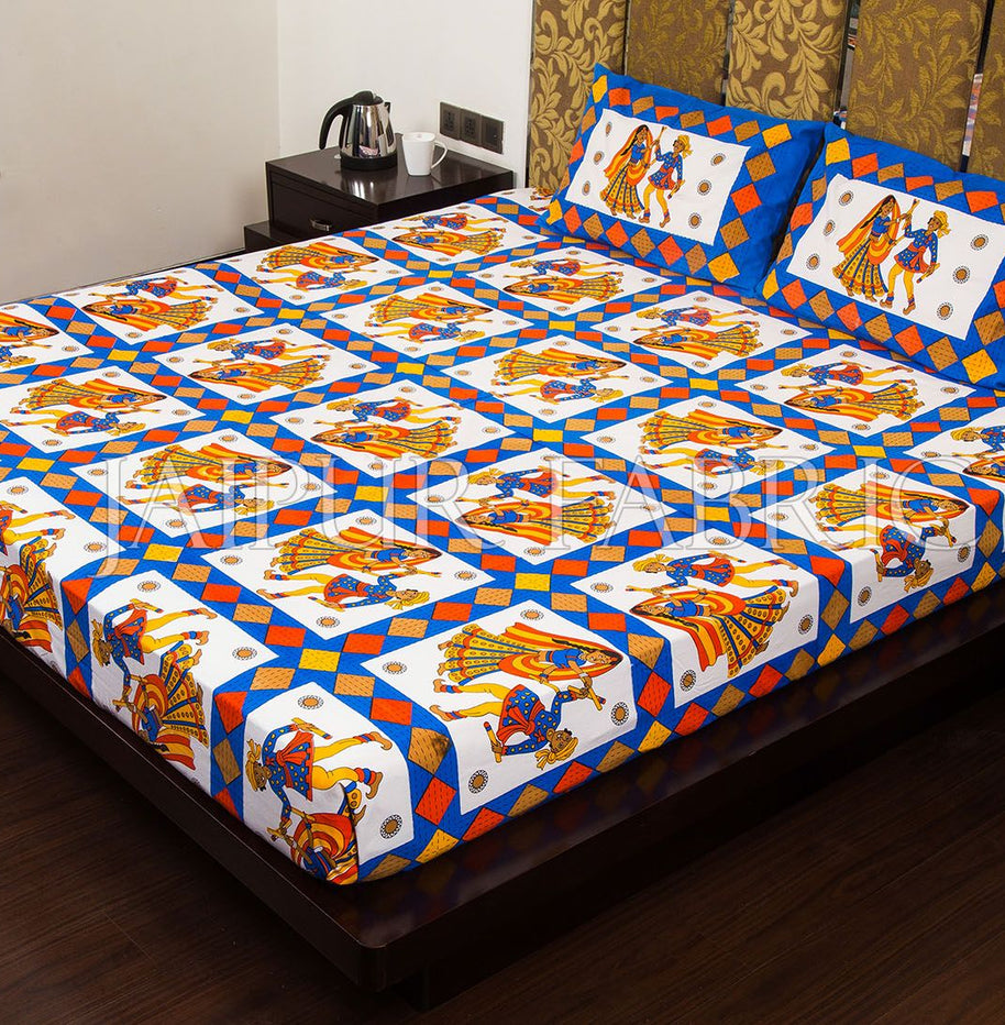 Blue Base Jaipuri Folk Dance Cotton Double Bed Sheet