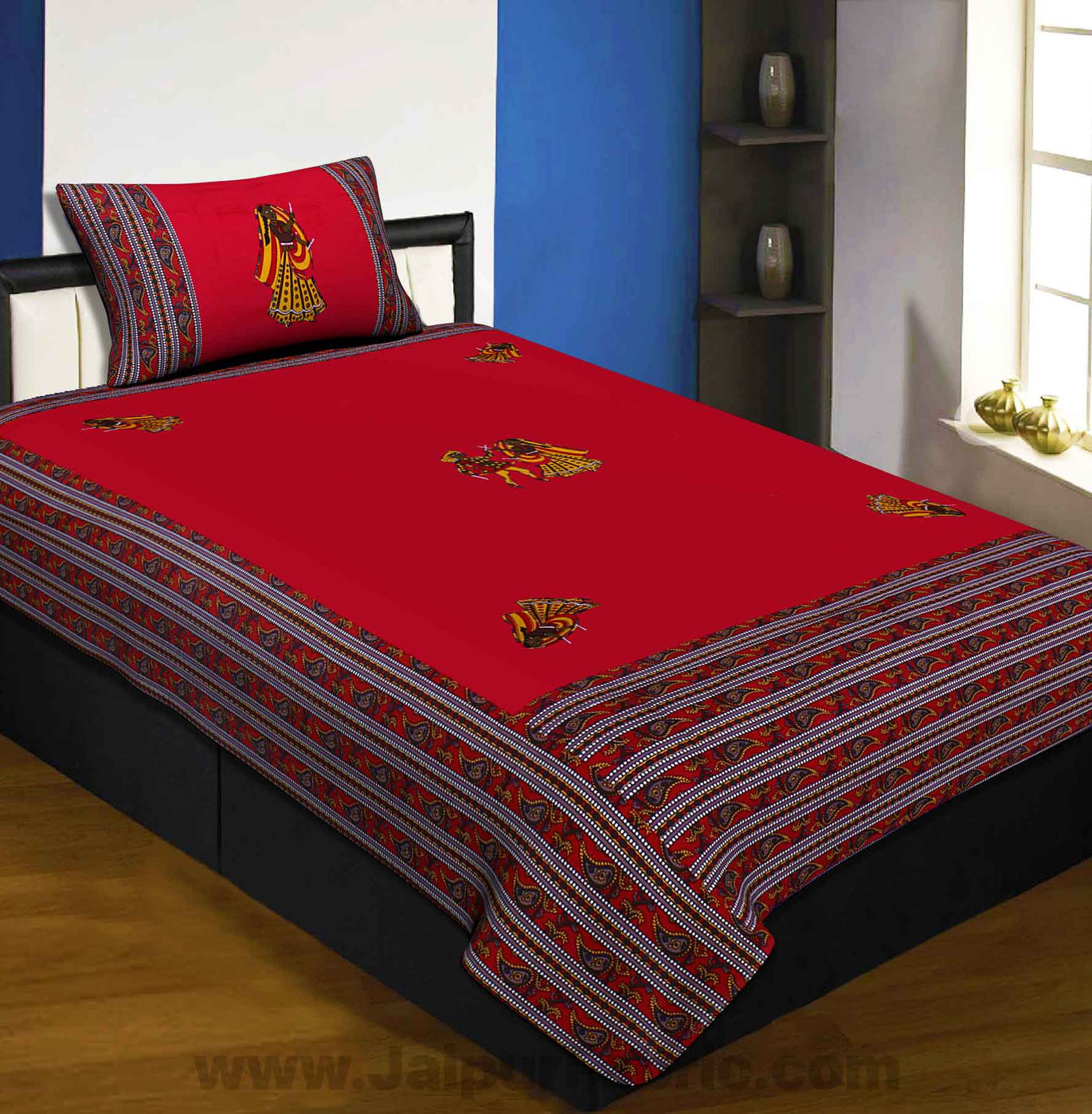 Applique Red Dandiya Jaipuri  Hand Made Embroidery Patch Work Single Bedsheet