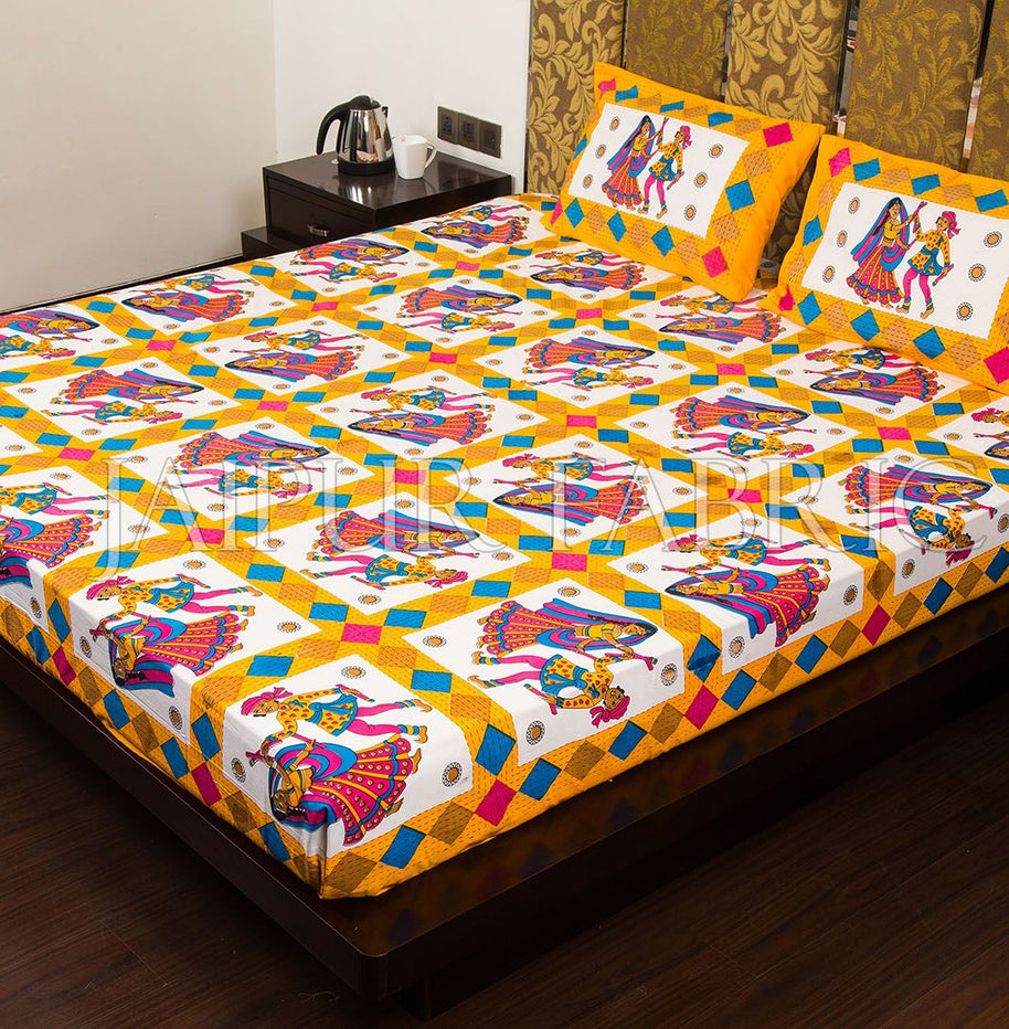 Yellow Base Jaipuri Folk Dance Cotton Double Bed Sheet