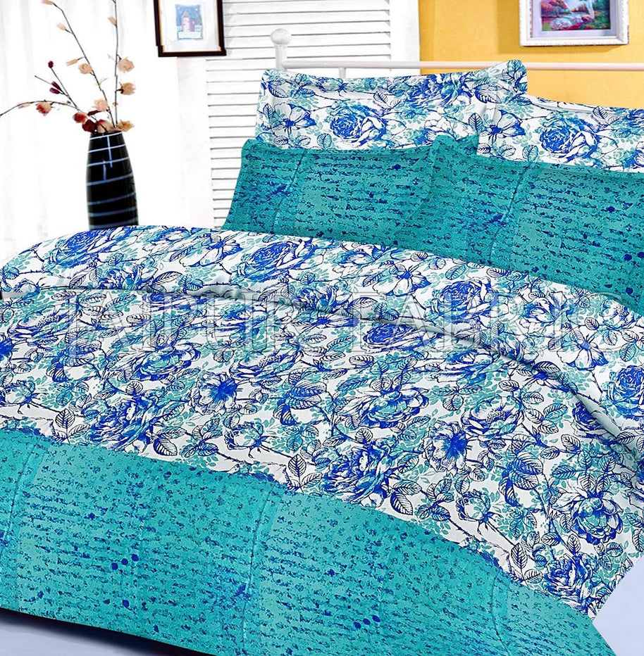 Cyan Floral Base Abstract Print Border King Size Cotton Bed Sheet