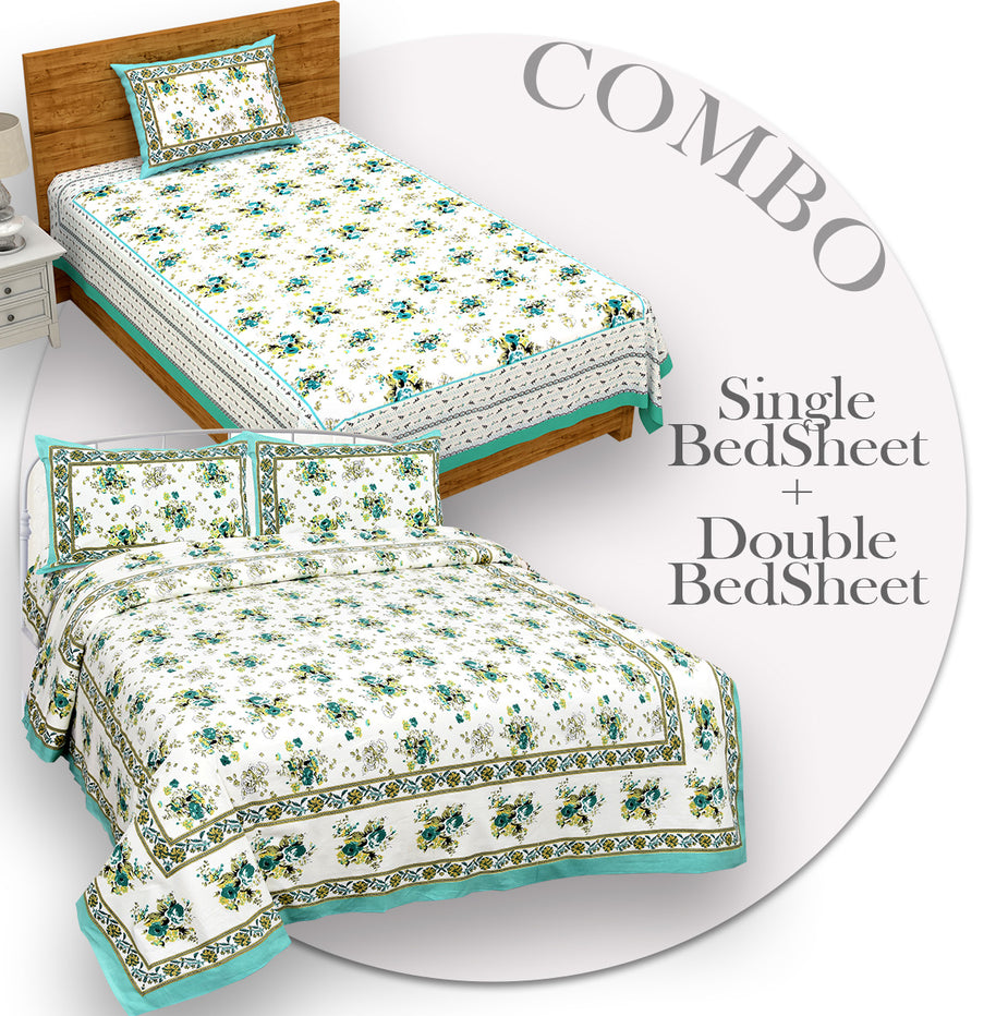 COMBO370 Beautiful Sea Green Colour Combo Set of 1 Single and 1 Double Bedsheet With 3 Pillow Cover