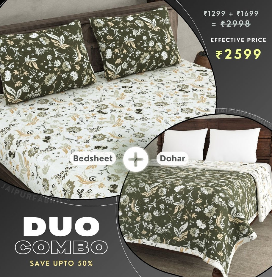 Flowery Spring Green and Off White Dohar and Bedsheet Combo