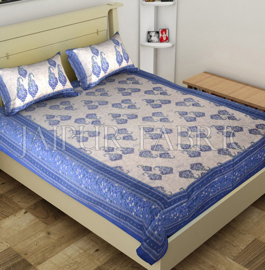 Blue Border Boteh Printed Cotton Single Bed Sheet