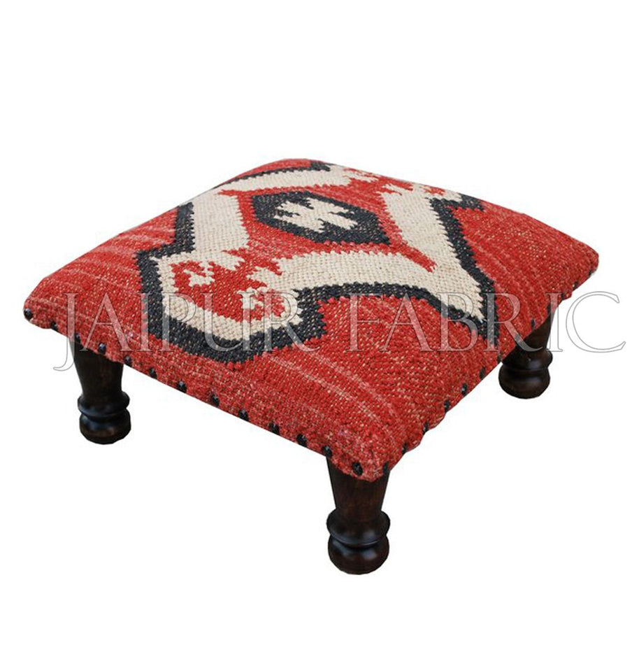 Wooden Square Foot Stool Upholstered with Wool and Jute Kilim Woven