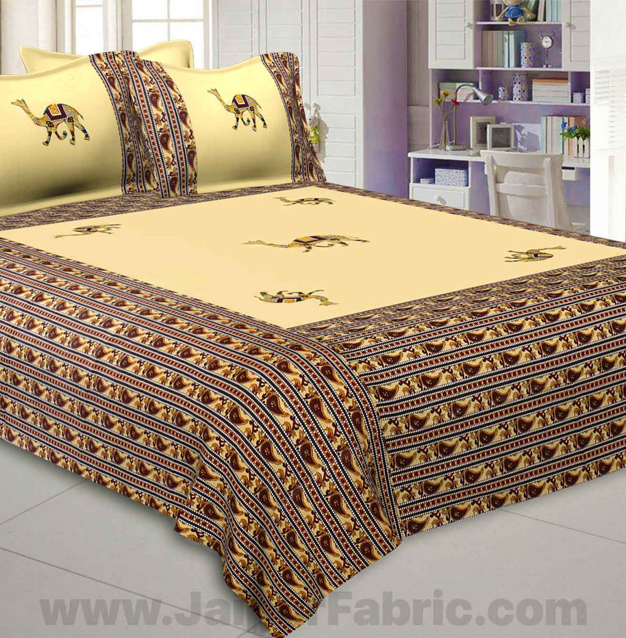 Applique Cream Camel Jaipuri  Hand Made Embroidery Patch Work Double Bedsheet