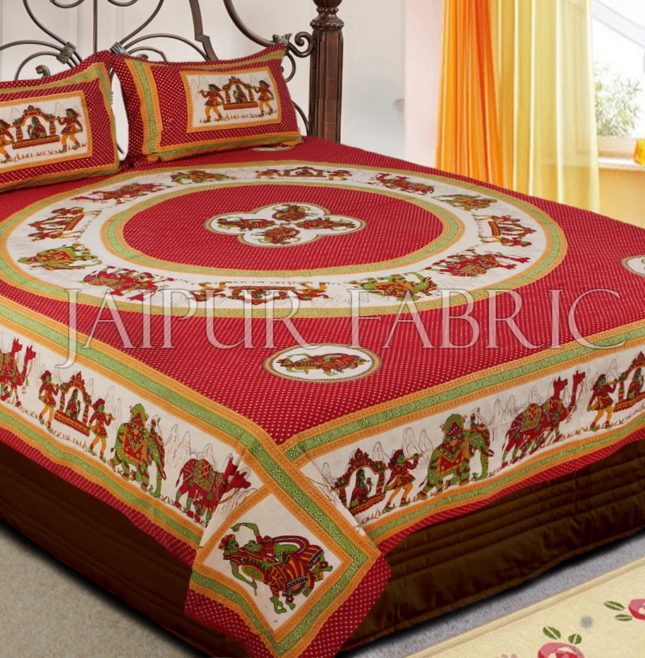 Red Base Rajasthani Doli Hand Block Print And Folk Dance Design Double Bed Sheet with Pillows Cover