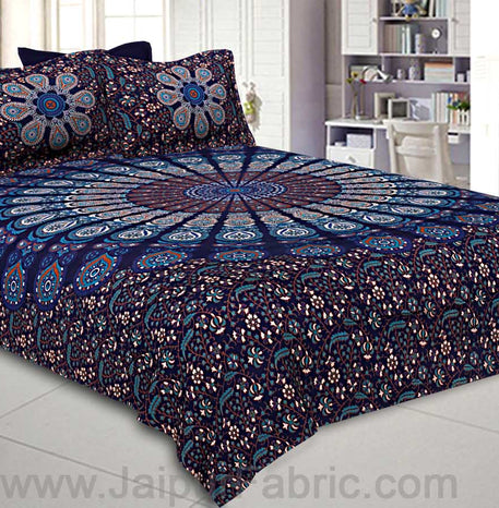 Navy Blue Mandala Bedsheet Tapestry Floral Print With 2 Pillow Covers