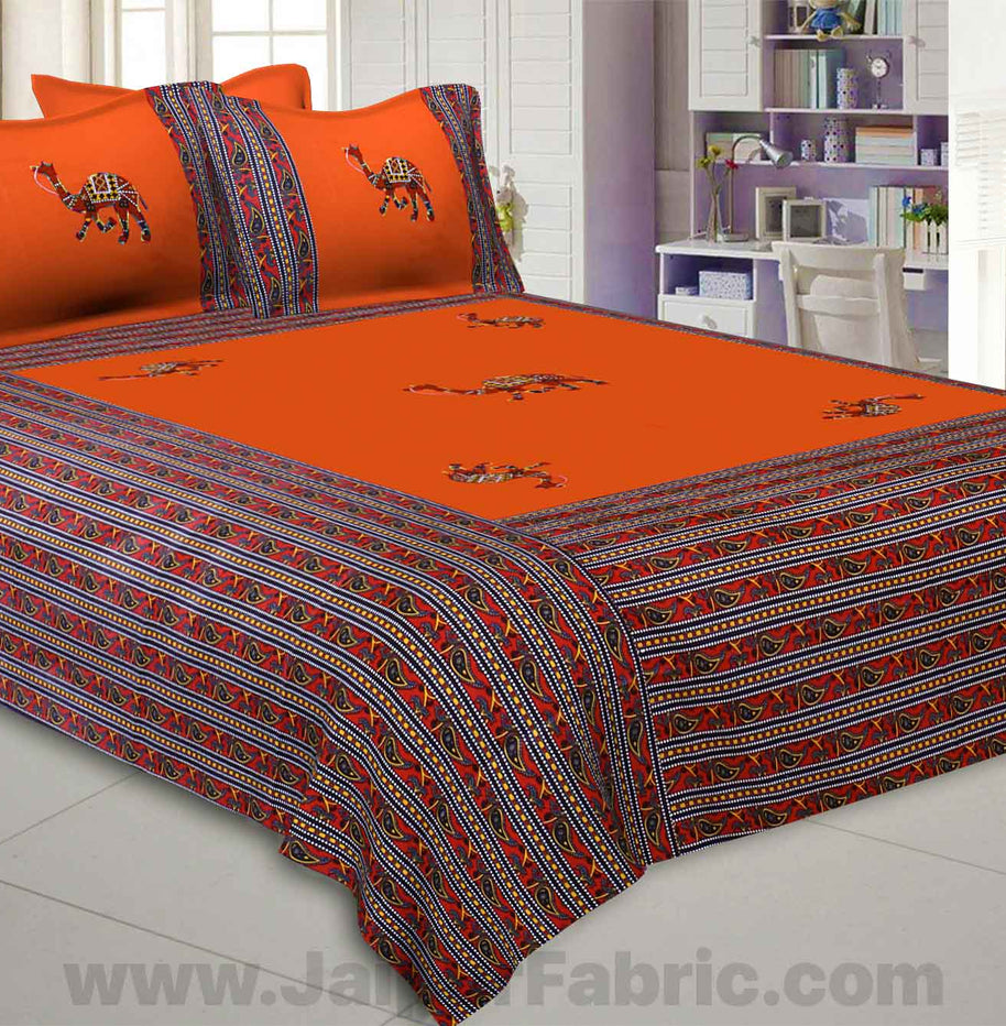 Applique Orange Camel Jaipuri  Hand Made Embroidery Patch Work Double Bedsheet