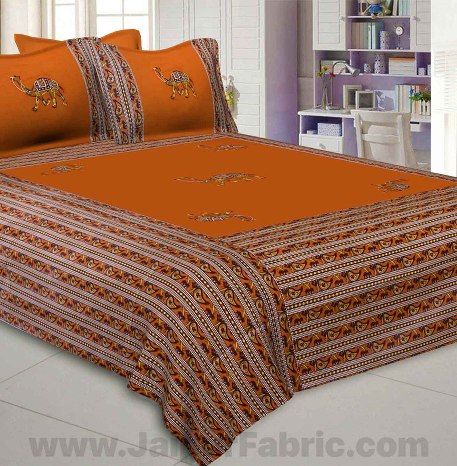 Applique Mustard Camel Jaipuri  Hand Made Embroidery Patch Work Double Bedsheet