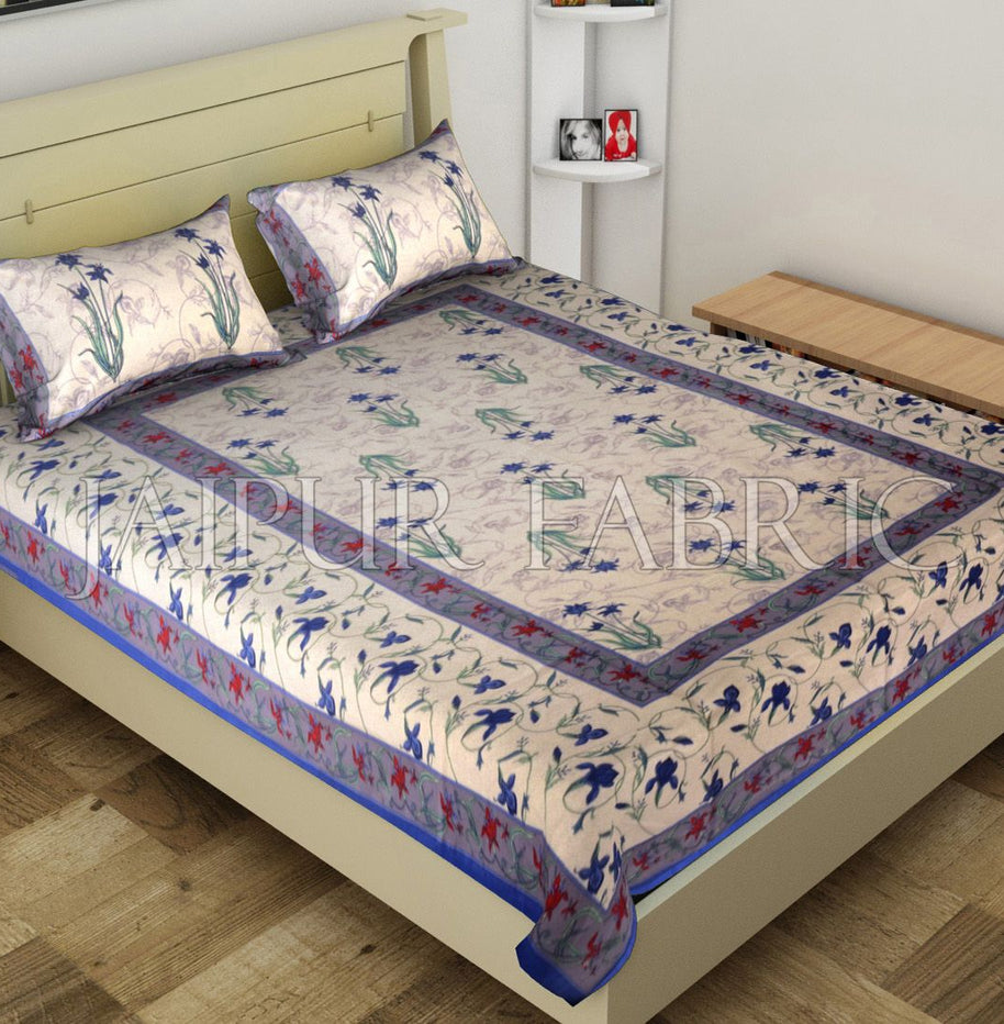 Blue Border Lotus Floral Printed Cotton Single Bed Sheet