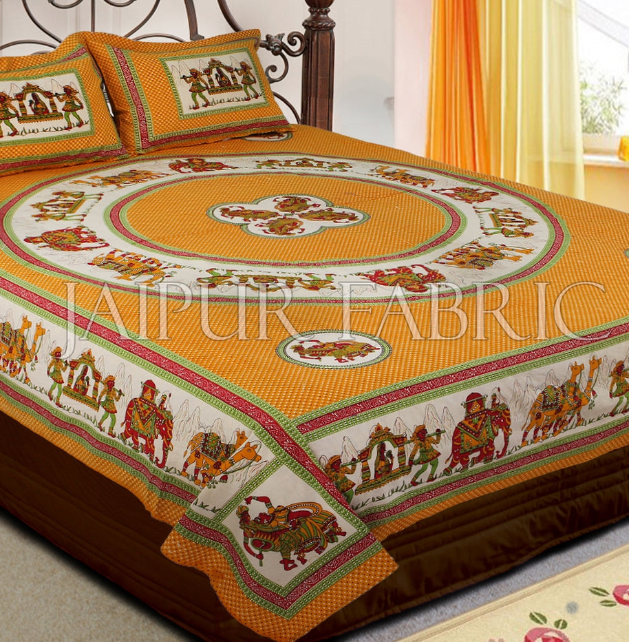 Yellow Base Rajasthani Doli Hand Block Print And Folk dance Design Double Bed Sheet with Pillows Cover