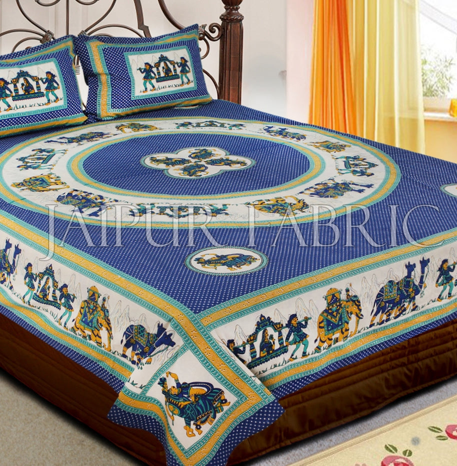 Blue Base Rajasthani Doli Hand Block Print And Folk dance Design Double Bed Sheet with Pillows Cover