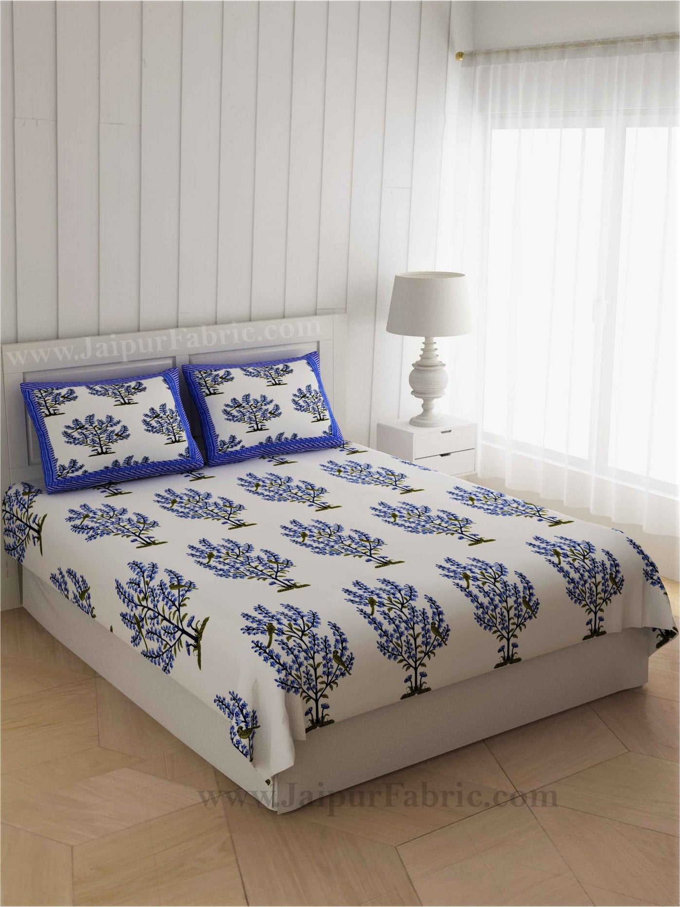 Blue Bushes On White Base Double Bedsheet